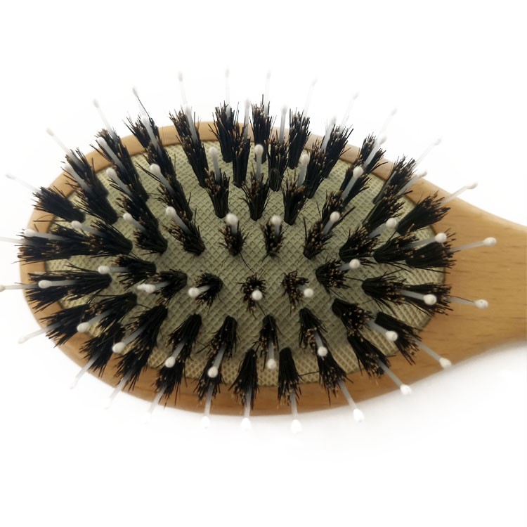 Custom Logo Wooden Hair Detangle Comb Brush With Boar Bristles And Nylon