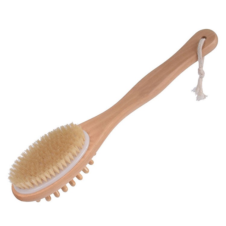 Double Side Bath Brush Long Handle With Boar Bristles And Massage Grains Body Exfoliating Brush  