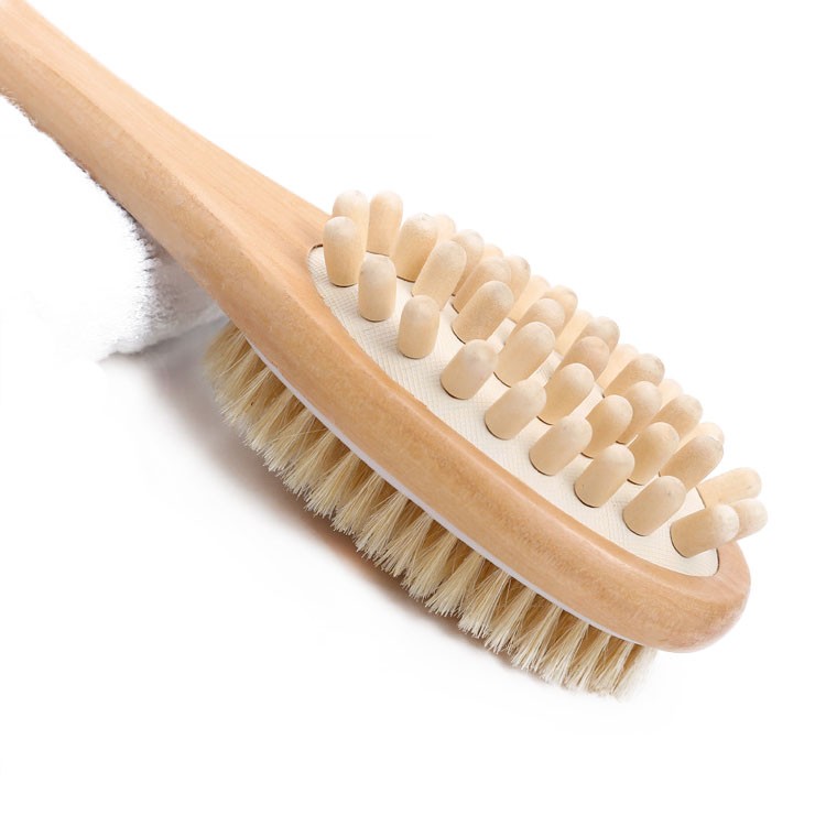 Double Side Bath Brush Long Handle With Boar Bristles And Massage Grains Body Exfoliating Brush  