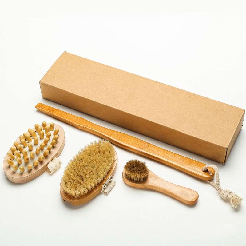 Dry Brushing Body Brush Set Natural Bristle Spa Kit Long Handle Back Skin Scrubber Anti Cellulite Exfoliating Brush